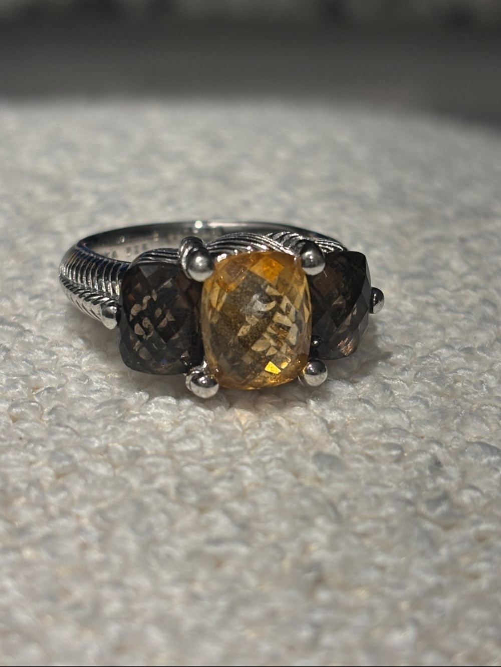 Judith Ripka Sterling Silver Triple-Stone Citrine and Smoky Quartz Ring